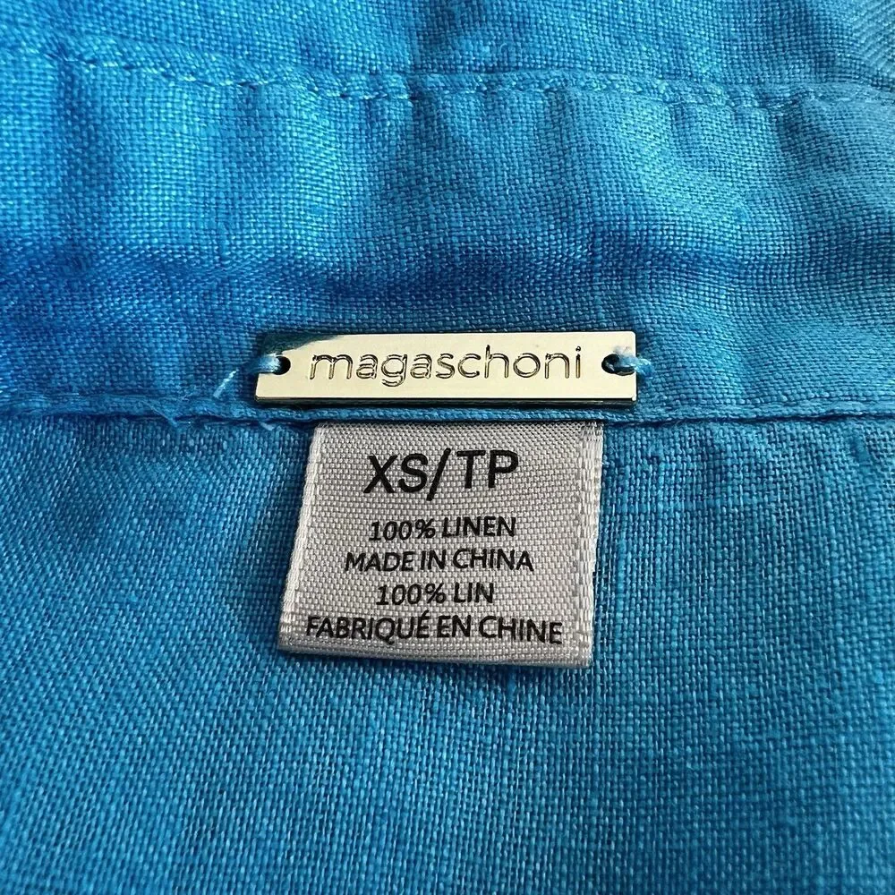 Magaschoni Turquoise Blue Button Up Shirt 100% Linen Boxy Women’s XS - Picture 6 of 9
